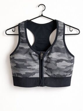 Avia Camo Front Zip Sports Bra Racerback Black Gray Size L